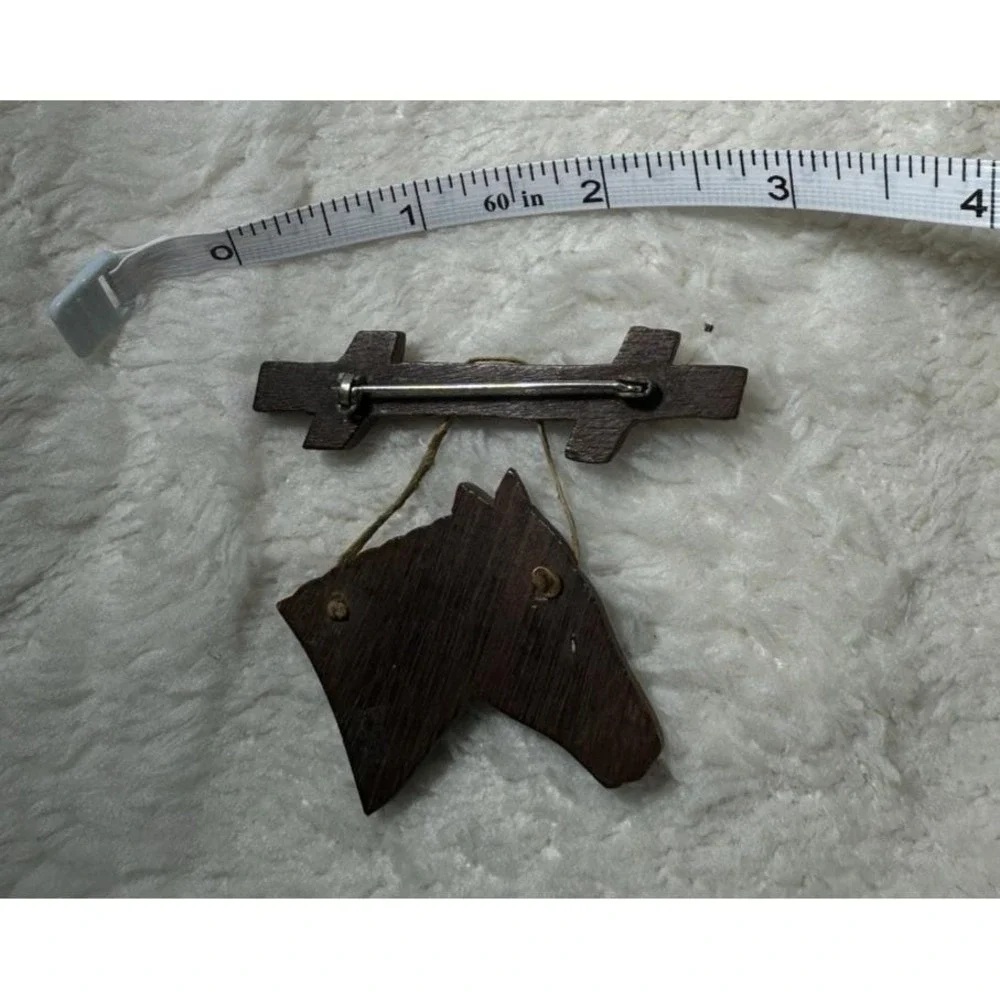 Vintage Carved Wooden Horse Head Equestrian Brooch Pin w. leather reins 2.5
